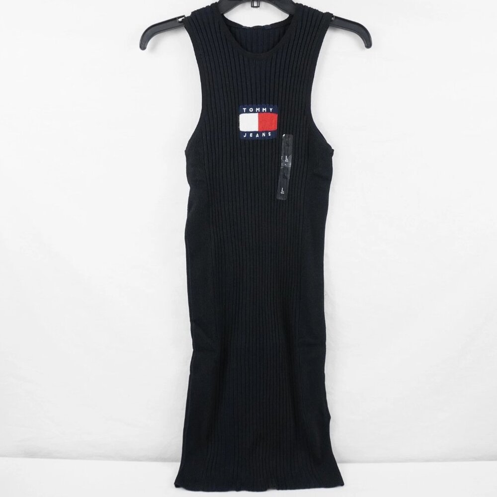 Tommy Jeans Flag Badge Knitted Ribbed Shift Bodycon Racer Sweater Jumper Dress